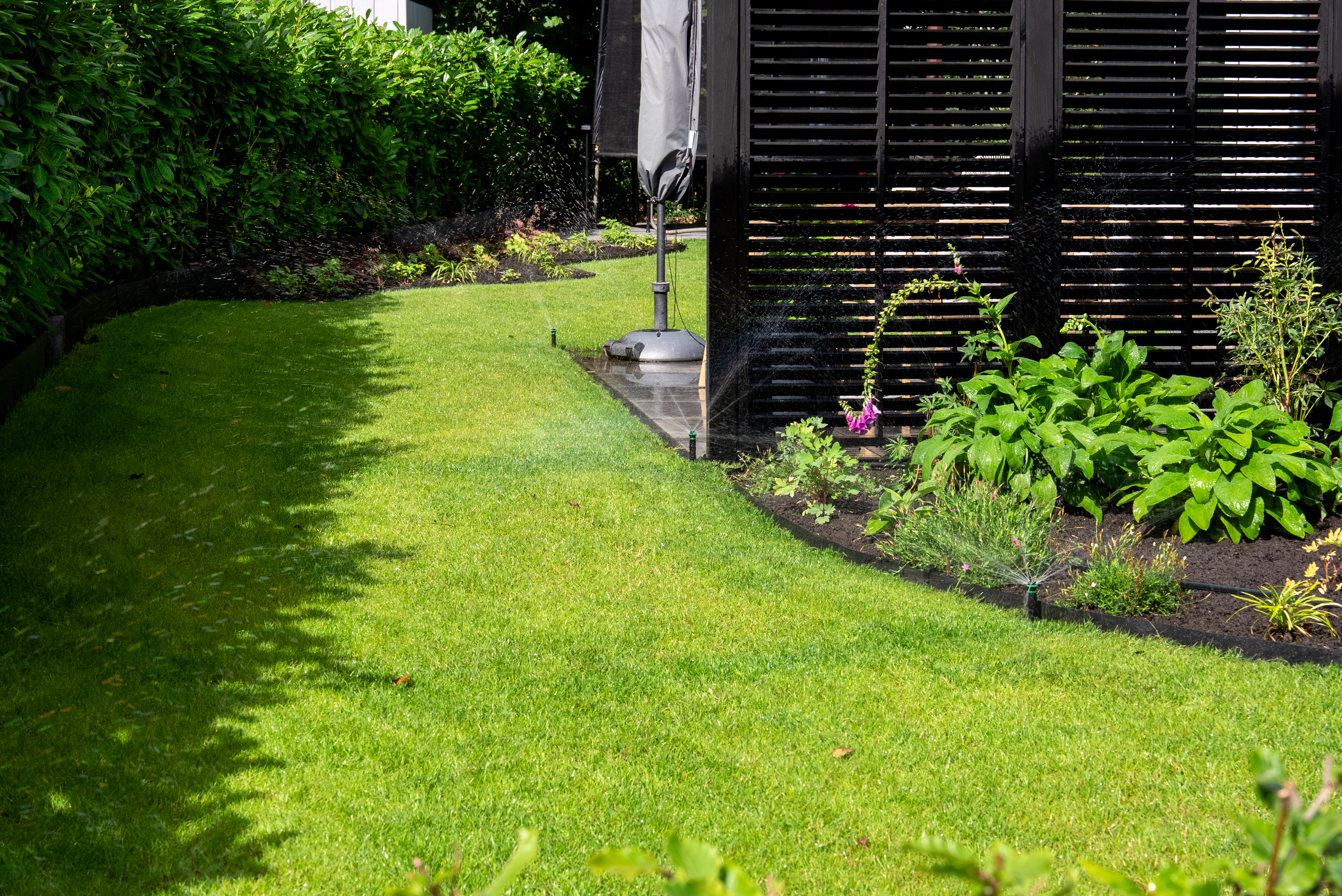 Overzicht van de tuin met beregeningsinstallatie in IJhorst
