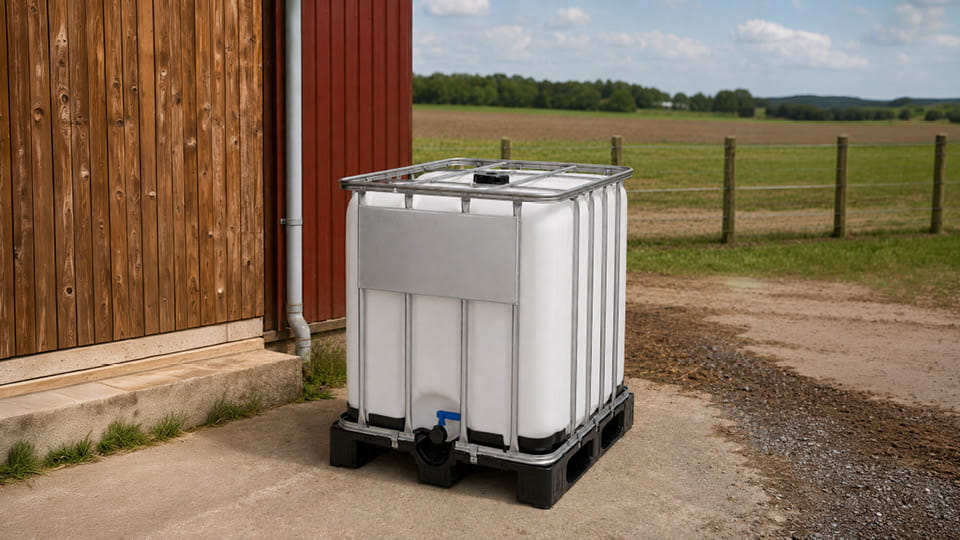 Een 1000 liter IBC tank buiten geplaatst in een agrarische omgeving